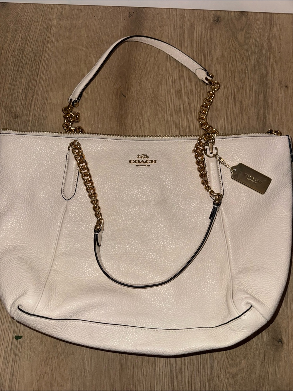 Coach White Pebbled Leather Tote with Gold Chain Handles